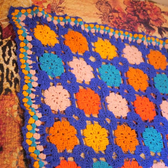 vtg Blue Orange Crochet Granny Square Flower Afghan Throw Boho Hippie 57" x 81" - Picture 7 of 9
